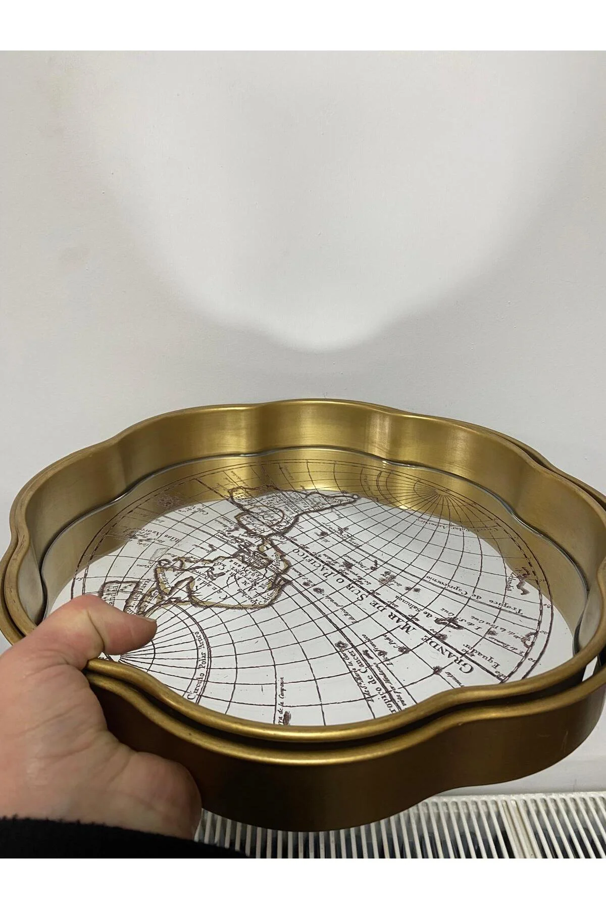 Aynalı 2 Li Dekoratif Tepsi Harita Desenli 34cm-35cm