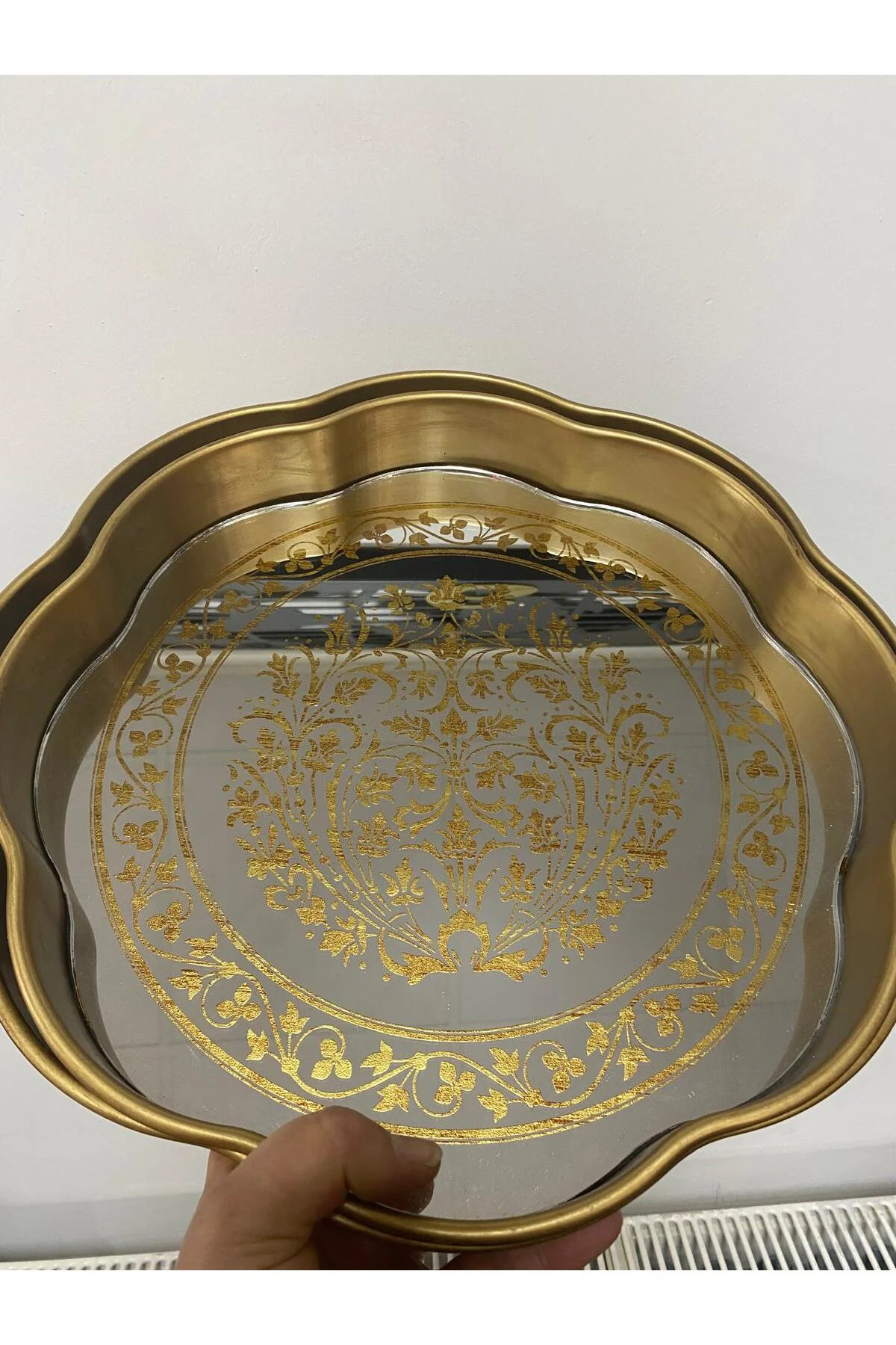 Aynalı 2 Li Dekoratif Motif Desenli Tepsi 34cm-35cm