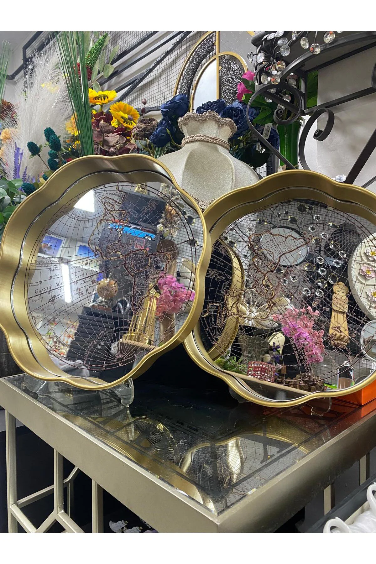 Aynalı 2 Li Dekoratif Tepsi Harita Desenli 34cm-35cm