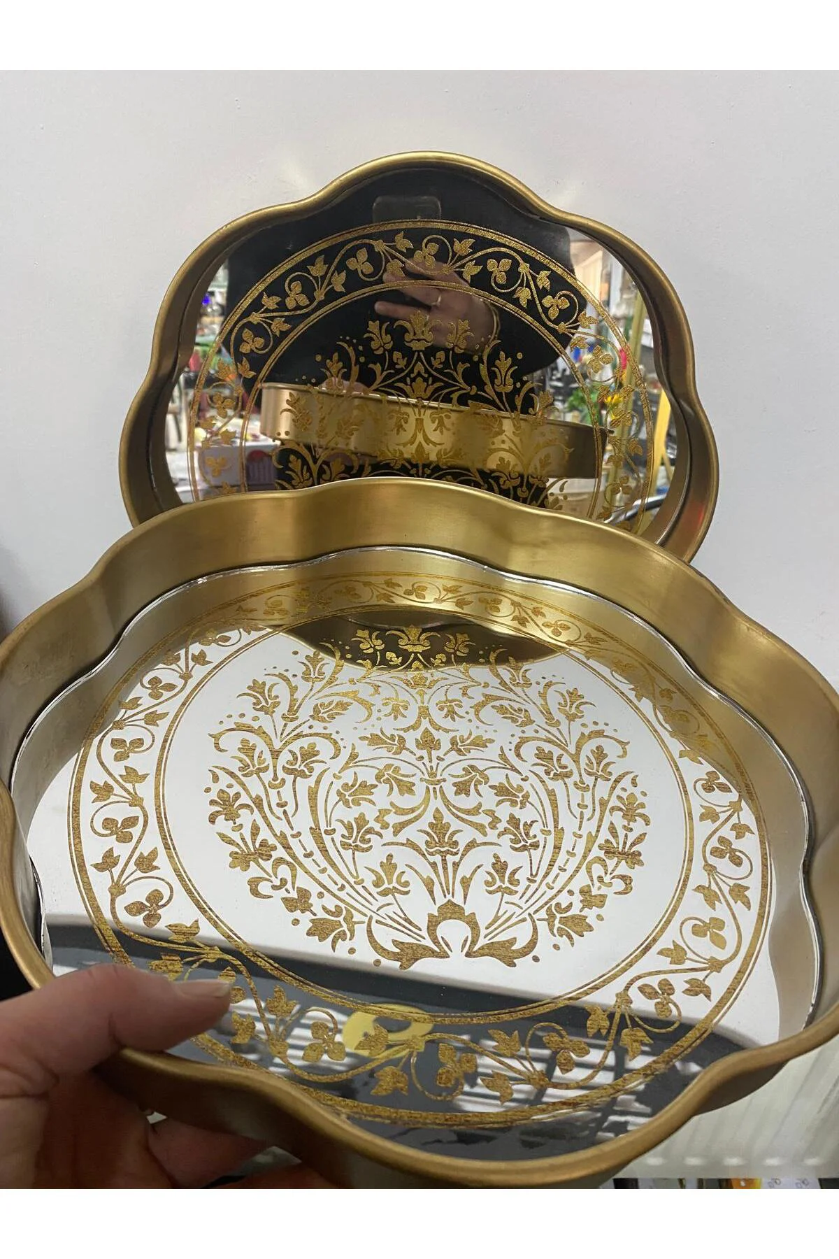 Aynalı 2 Li Dekoratif Motif Desenli Tepsi 34cm-35cm