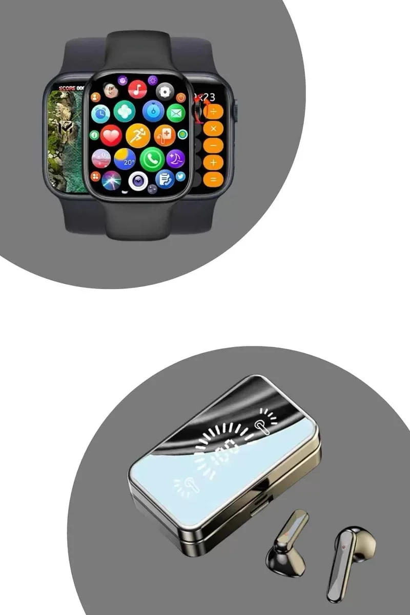 Aynalı Bluetooth Kulaklık ve Akıllı Saat Seti - ANC Özelliği ve Dokunmatik Kontrol