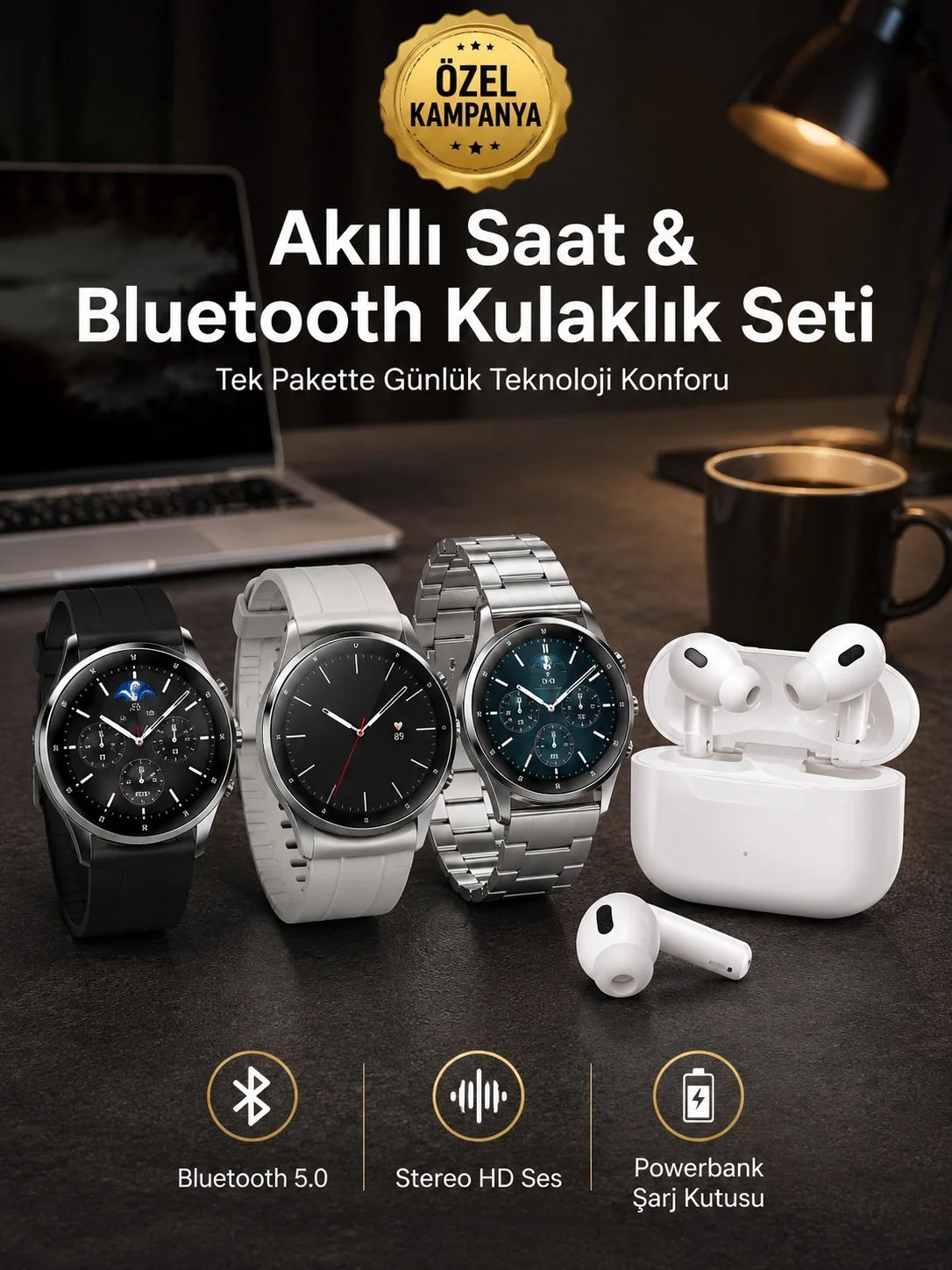 Aynalı Bluetooth Kulaklık Yeni Nesil Akıllı Saat Titreşimli Nabız Ölçer Spor Modları