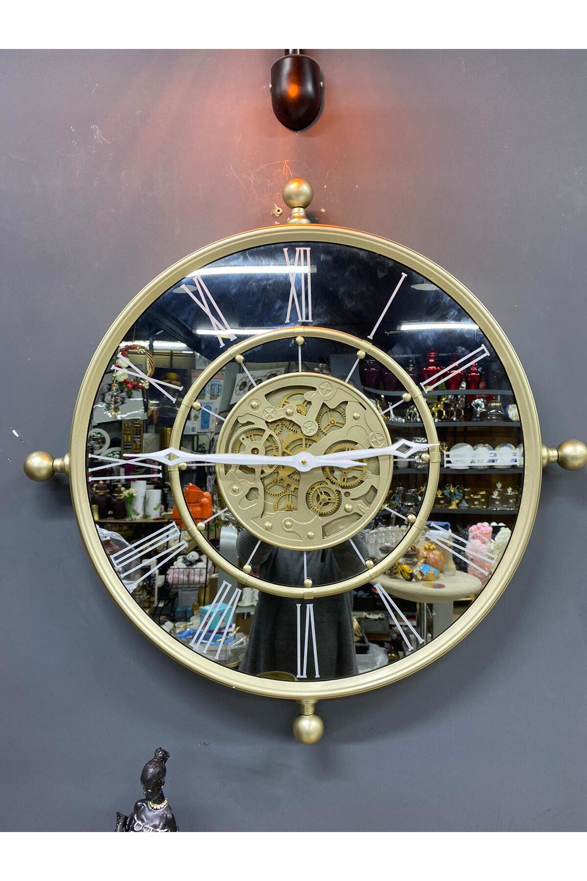 Elif Aksesuar Aynalı Çarklı Dümen Lüx Duvar Saati 62 Cm