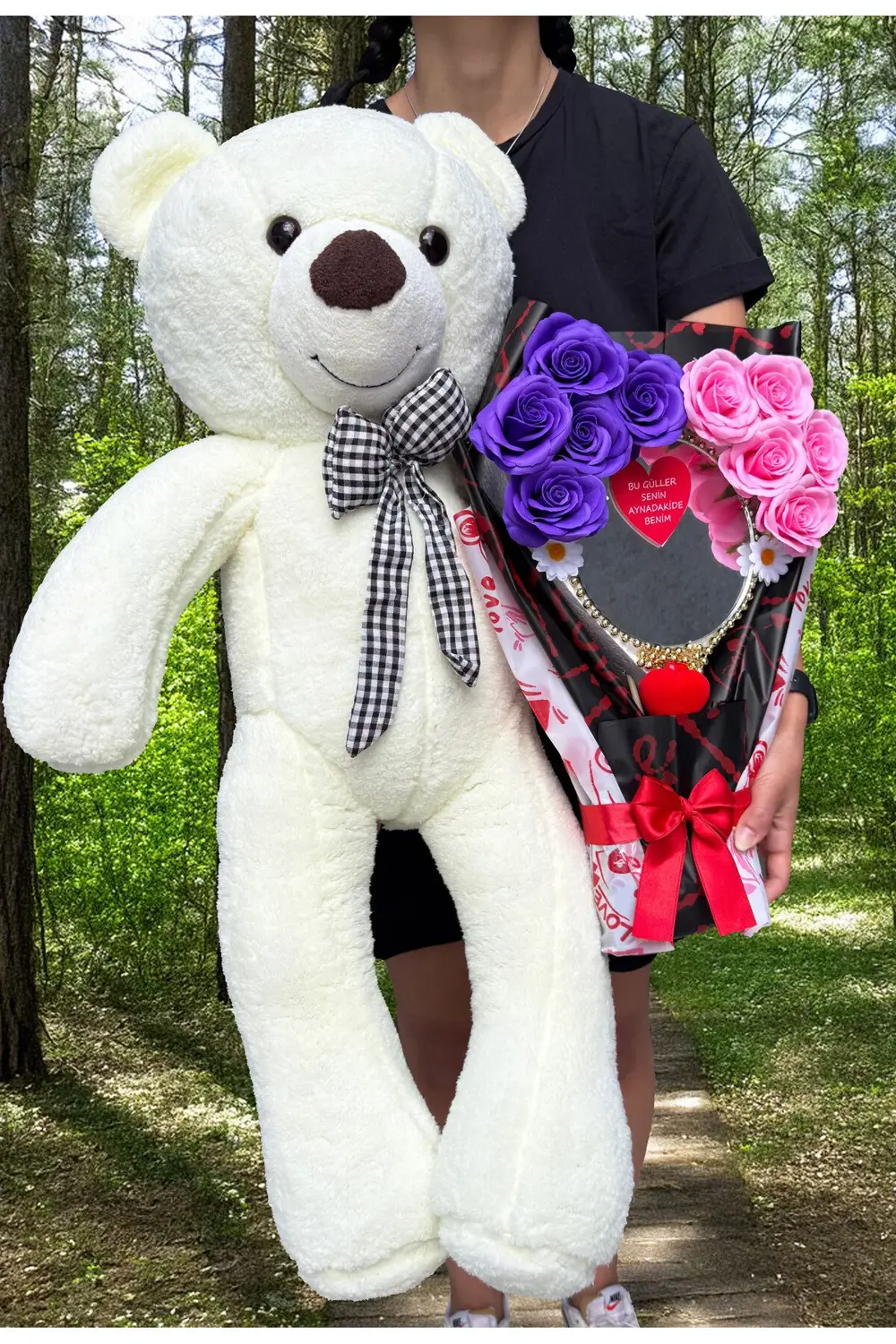 Aynalı Çiçek Buketi - 90cm Büyük Ayıcık - Hediye Seti - Sevgilile