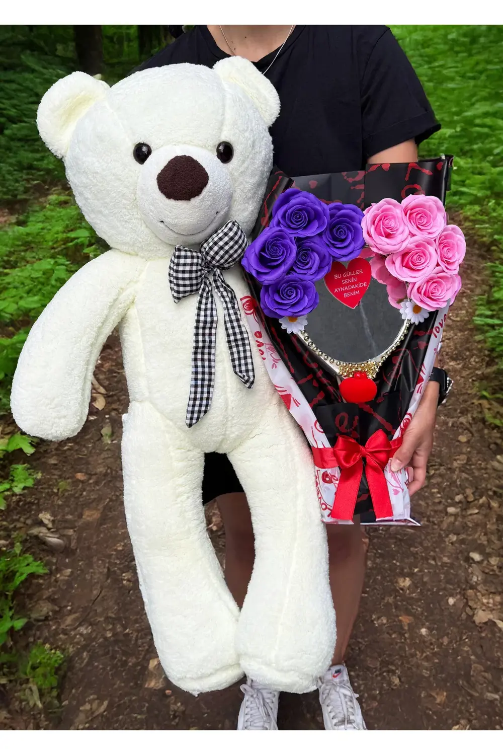 Aynalı Çiçek Buketi - 90cm Büyük Ayıcık - Hediye Seti - Sevgilile