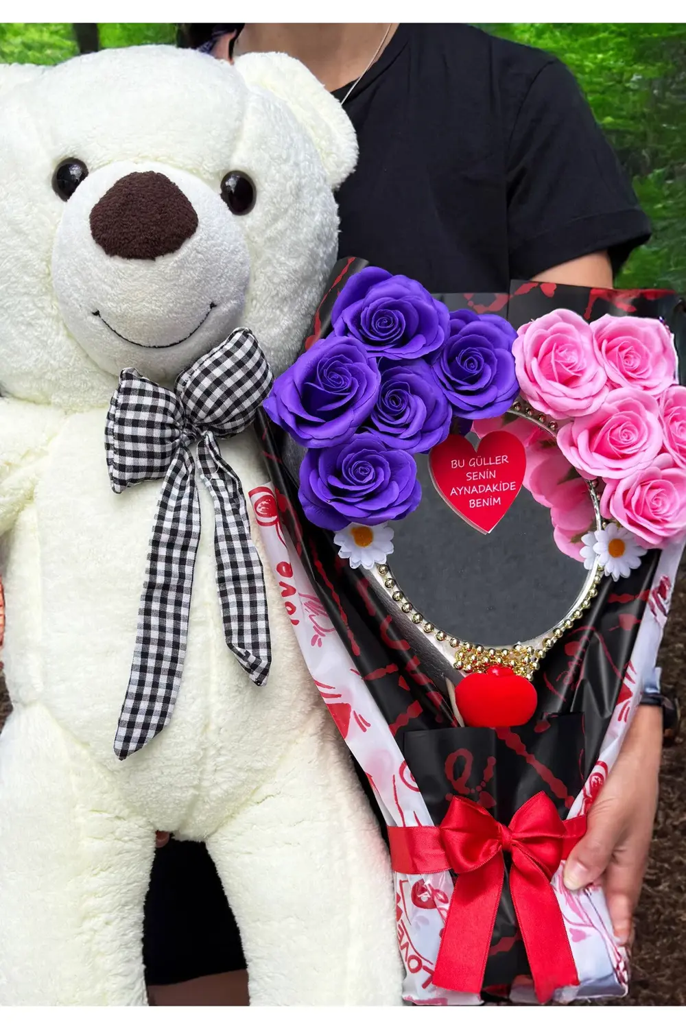 Aynalı Çiçek Buketi - 90cm Büyük Ayıcık - Hediye Seti - Sevgilile