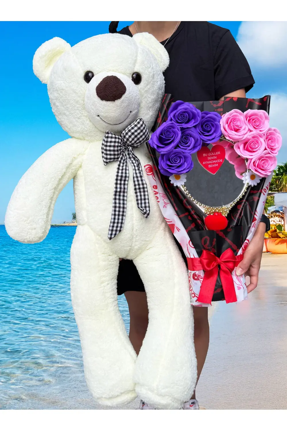 Aynalı Çiçek Buketi - 90cm Büyük Ayıcık - Hediye Seti - Sevgilile