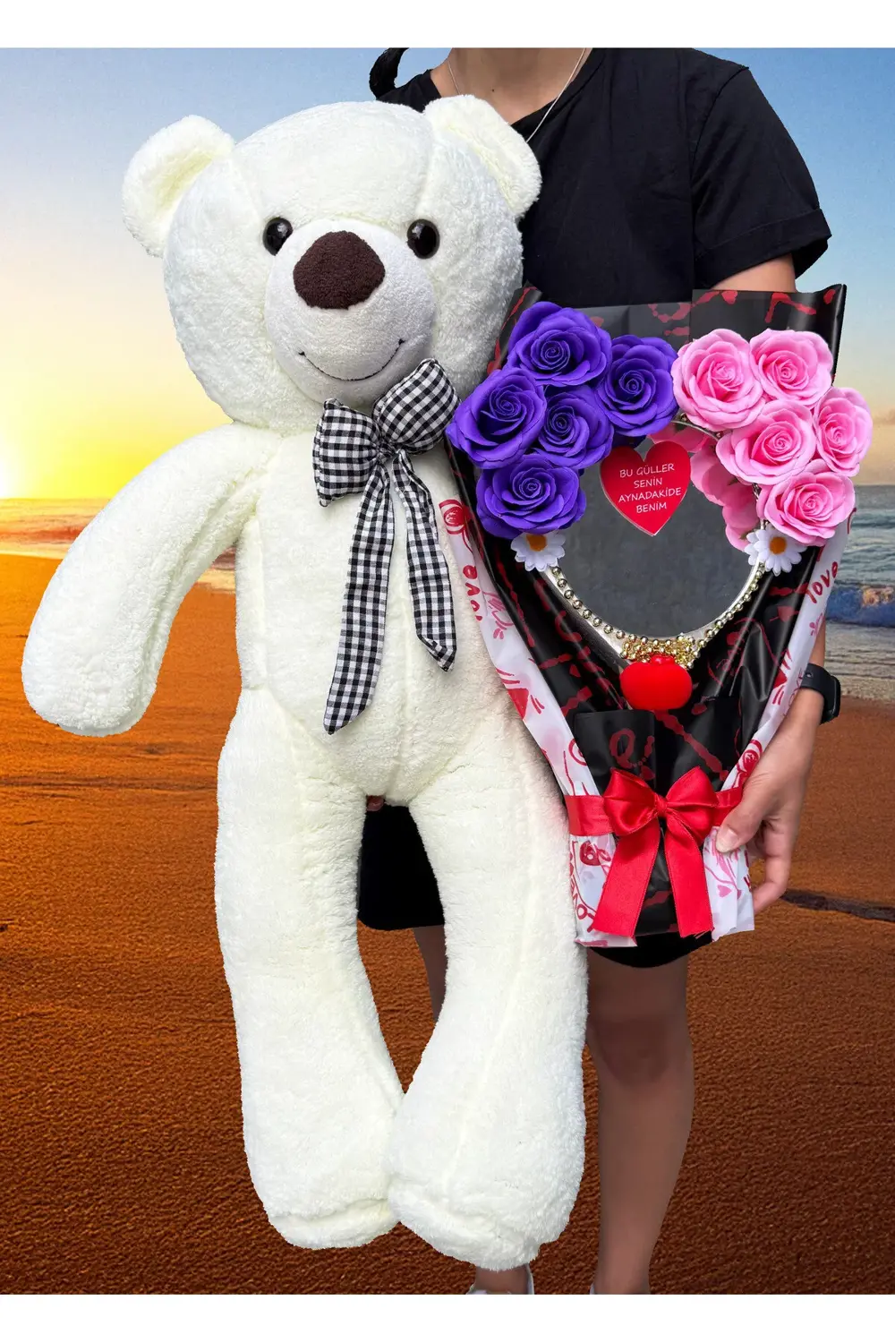 Aynalı Çiçek Buketi - 90cm Büyük Ayıcık - Hediye Seti - Sevgilile