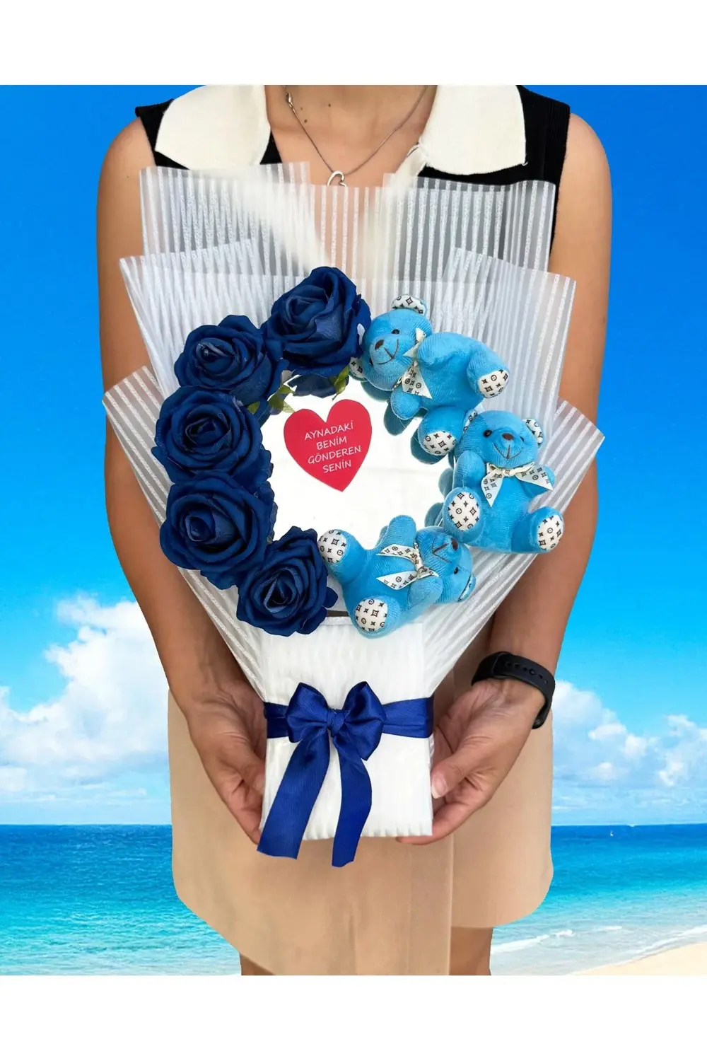 Aynalı Çiçek Buketi - Mavi Ayıcık ve Lacivert Güller - Kız Arkada