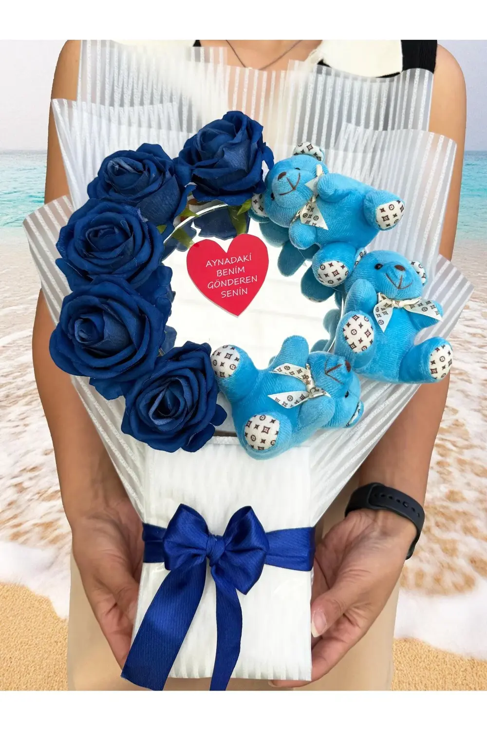 Aynalı Çiçek Buketi - Mavi Ayıcık ve Lacivert Güller - Kız Arkada