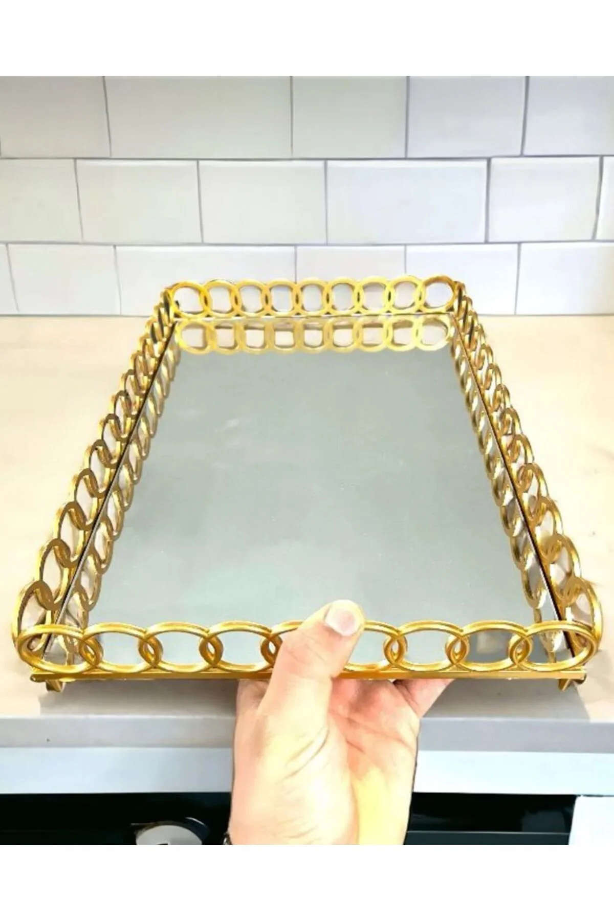 Aynalı Halka Tepsi Lux Gold Sunum Tepsisi