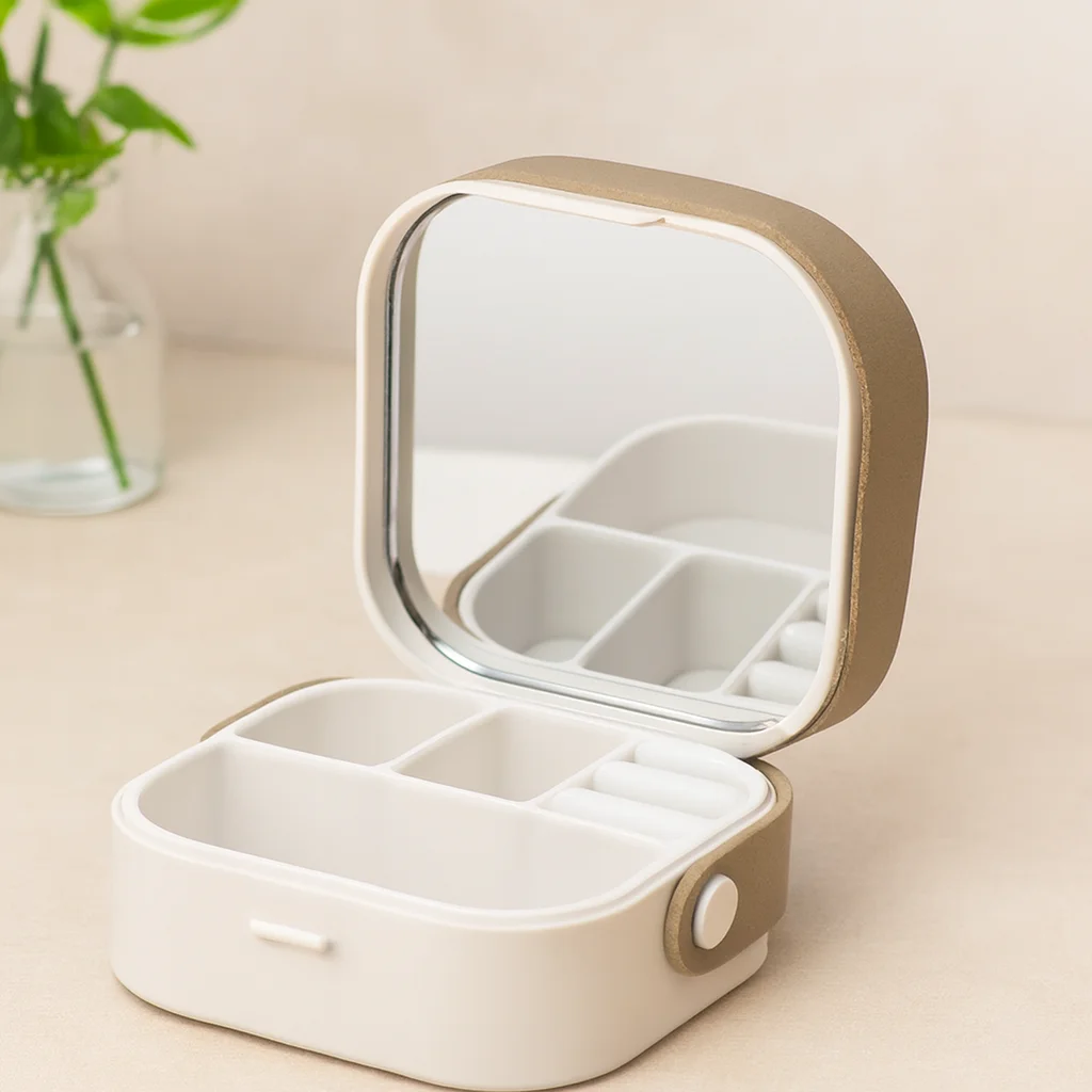 Aynalı Makyaj ve Takı Organizer Çanta 9x9x3.7 cm - 4 Bölmeli Fiyatı, Yorumları ve Özellikleri