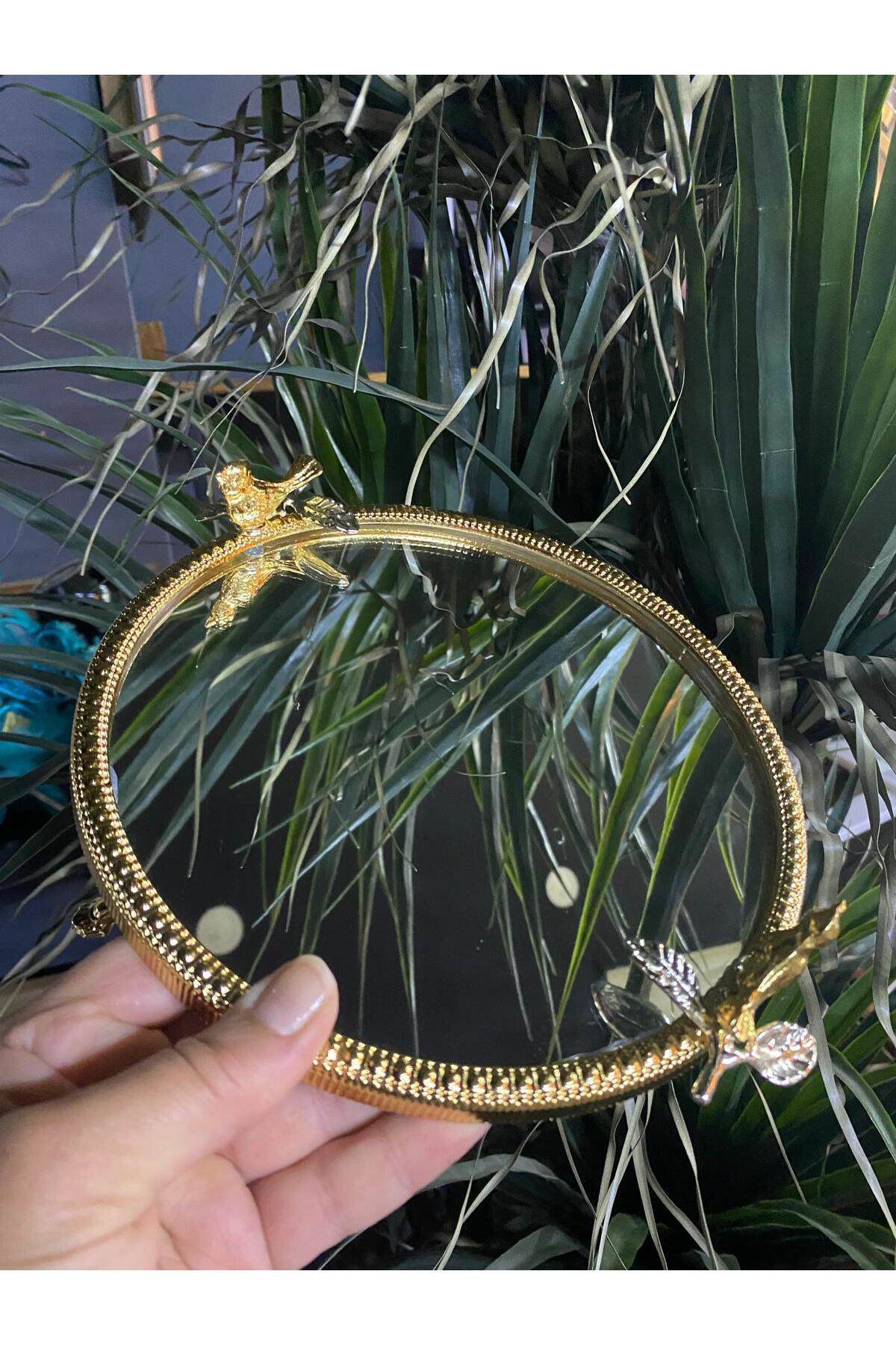 Elif Aksesuar Aynalı Metal Kuşlu Sunum Tepsisi Tek Kişilik