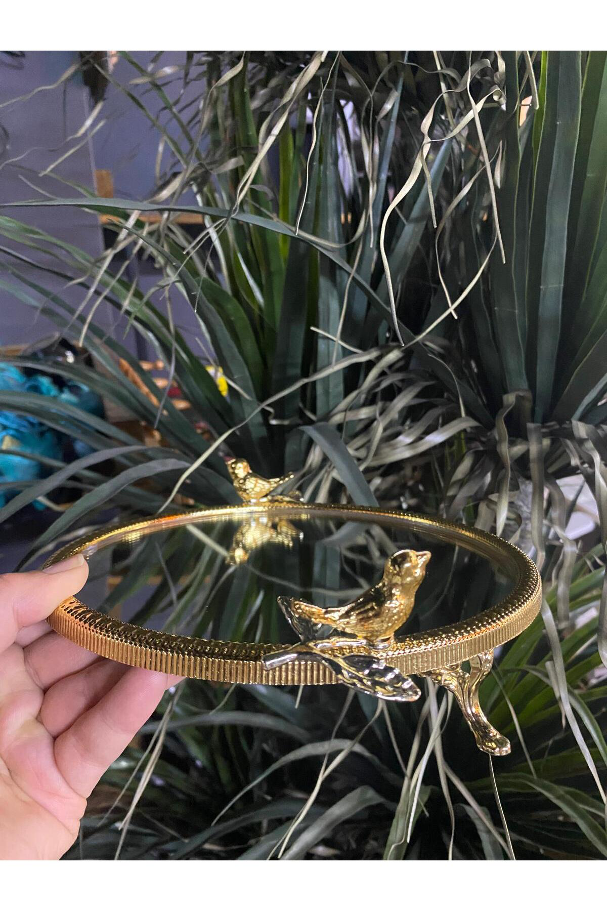 Elif Aksesuar Aynalı Metal Kuşlu Sunum Tepsisi Tek Kişilik