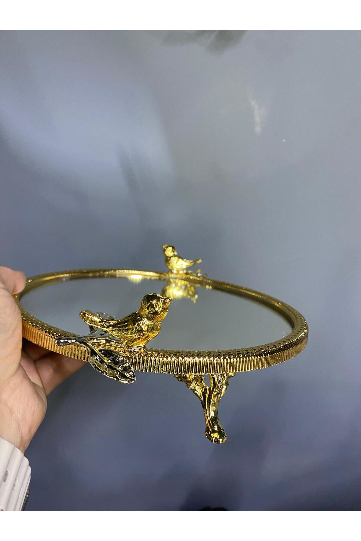 Elif Aksesuar Aynalı Metal Kuşlu Sunum Tepsisi Tek Kişilik