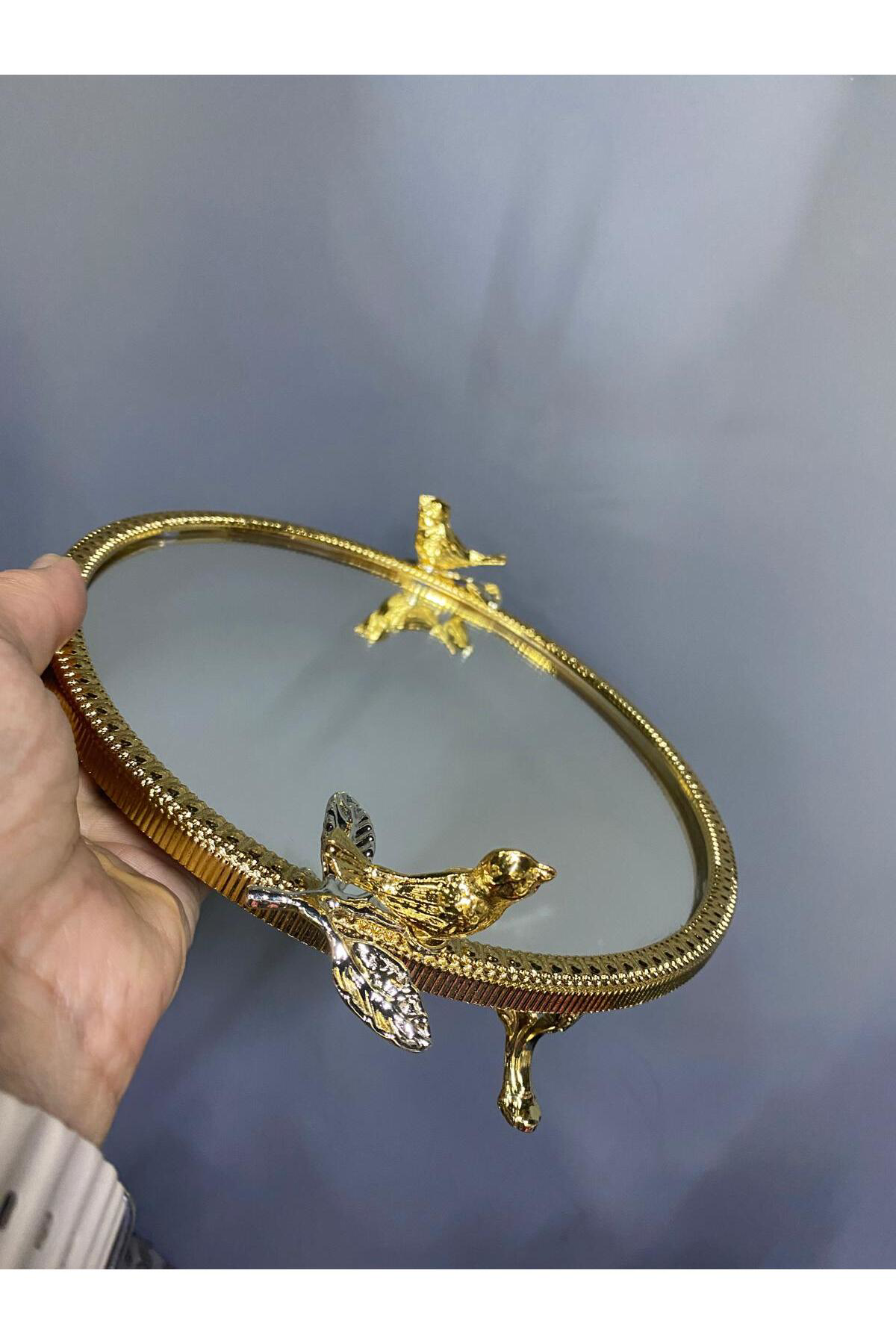 Elif Aksesuar Aynalı Metal Kuşlu Sunum Tepsisi Tek Kişilik