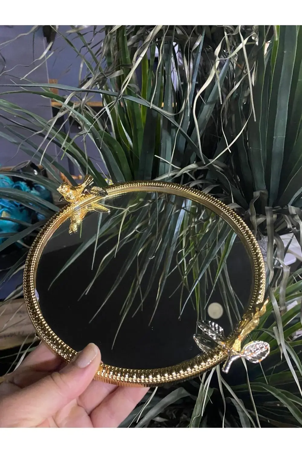 Aynalı Metal Kuşlu Sunum Tepsisi Tek Kişilik