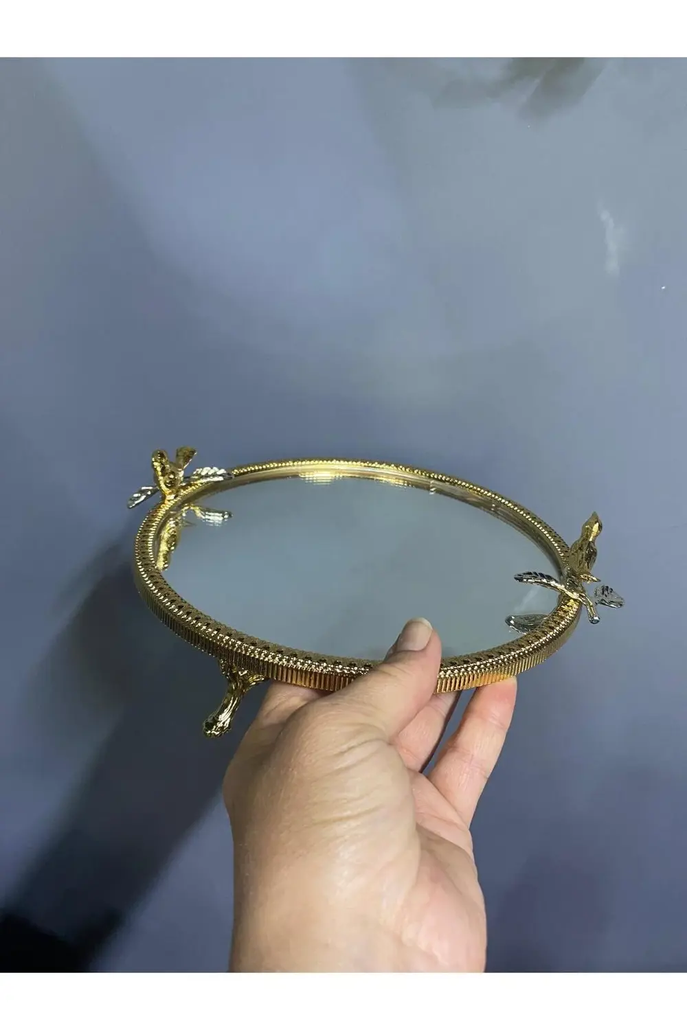 Aynalı Metal Kuşlu Sunum Tepsisi Tek Kişilik