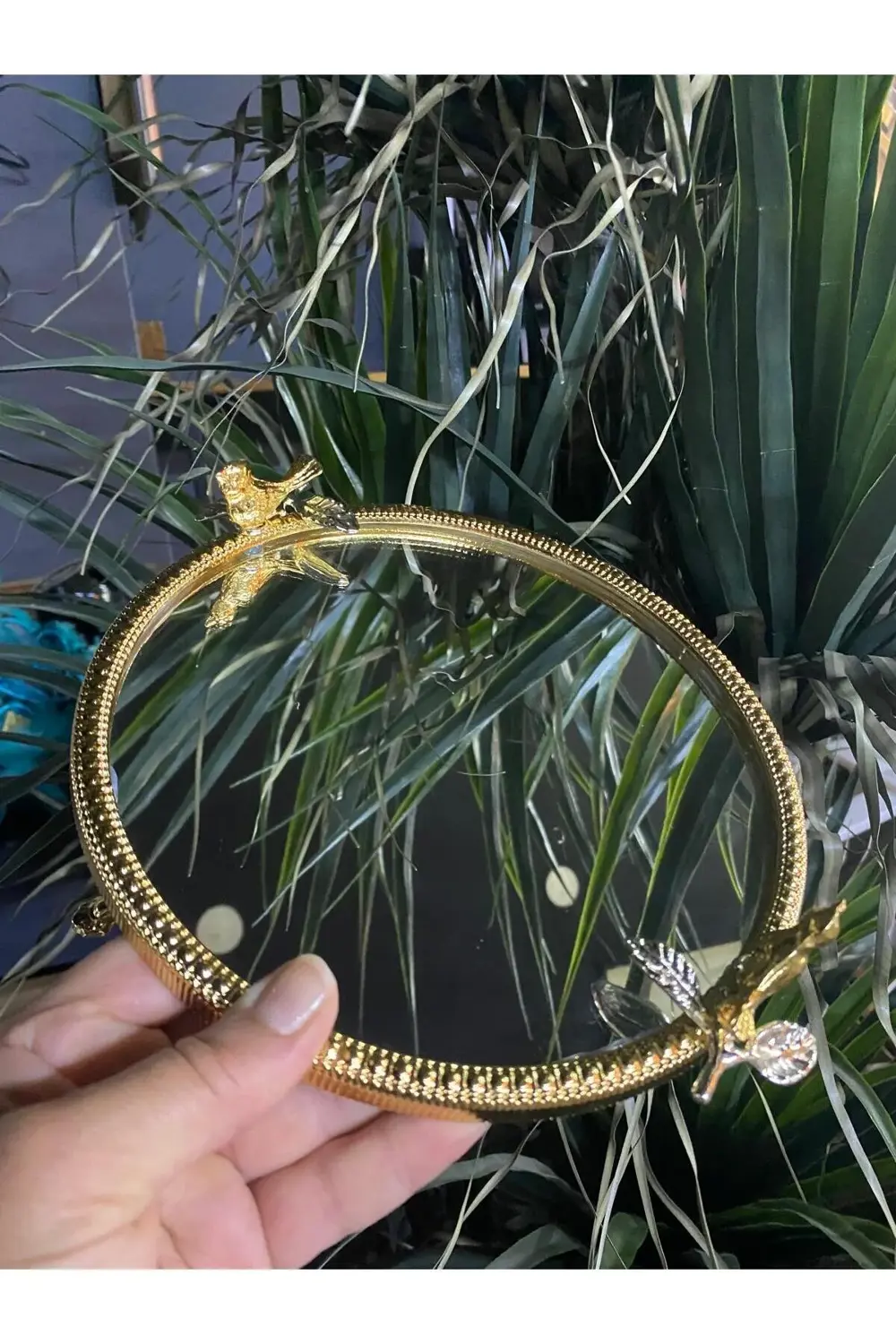 Aynalı Metal Kuşlu Sunum Tepsisi Tek Kişilik