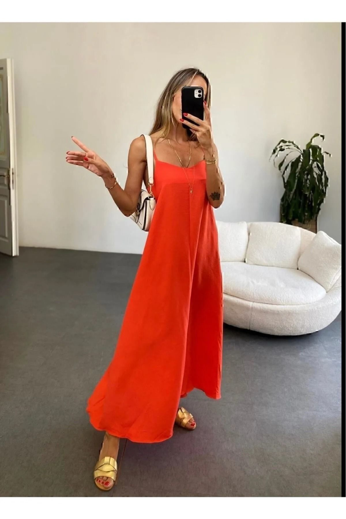 Ayrobin Kumaş Ayarlanabilir Askılı Uzun Nar Çiçeği Elbise