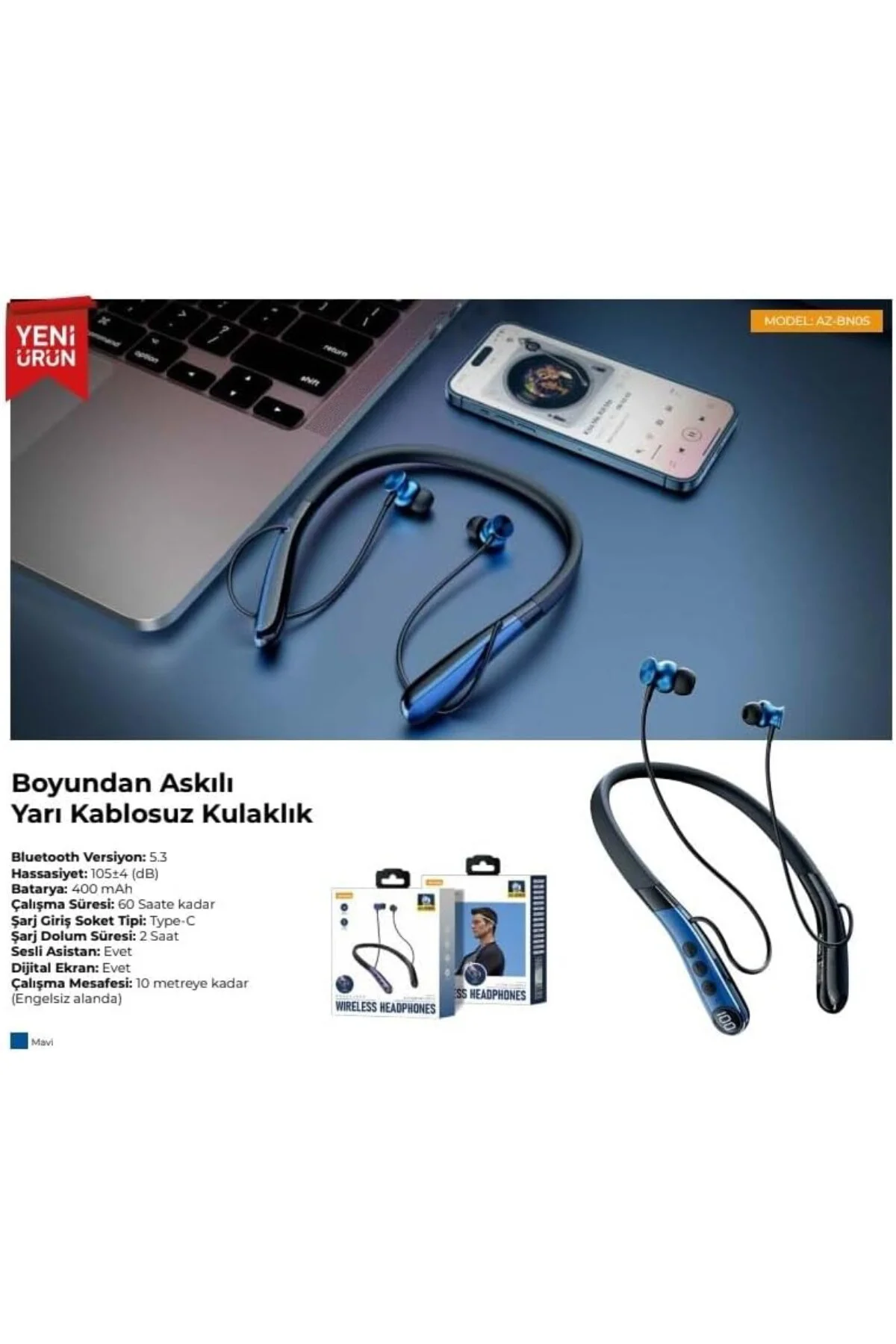 AZ-BN05 Boyun Askılı Bluetooth Kulaklık (400mah, 60 saat bekleme)