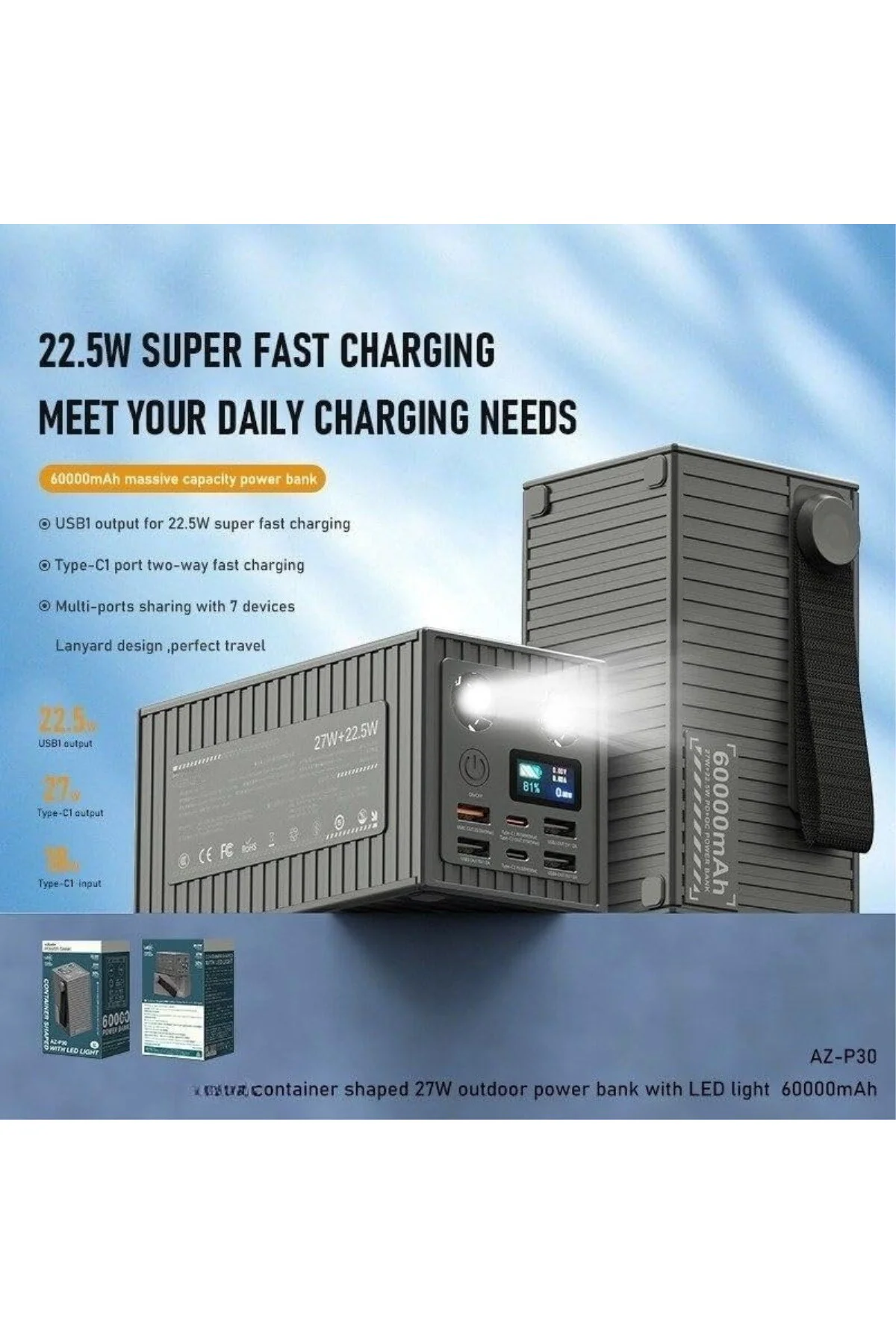Azeada 60000mAh 27W Led Göstergeli Power Bank AZ-P30