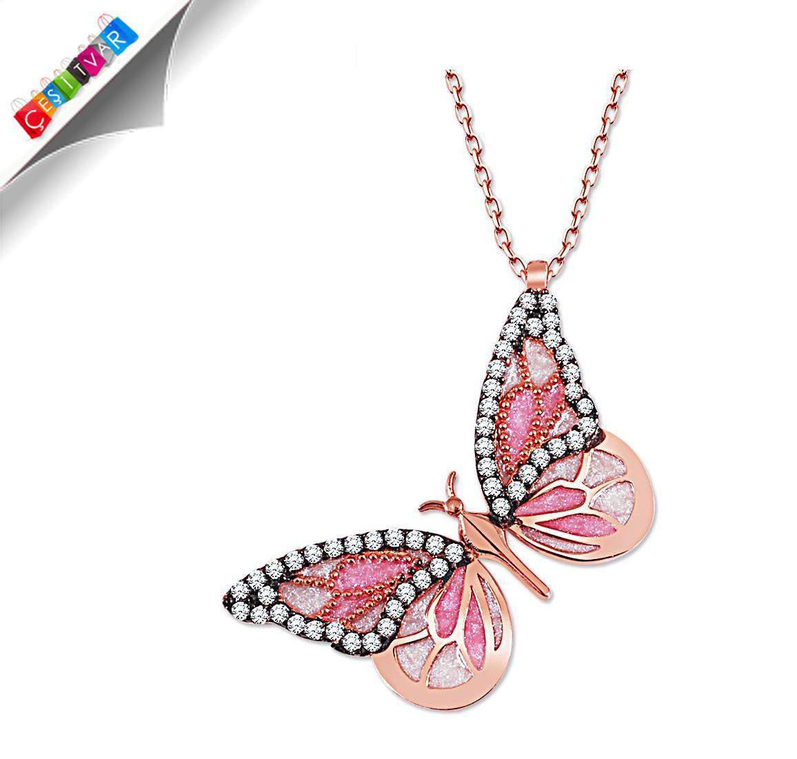 Azemax 925 Ayar Gümüş Pembe Renk Kelebek Kolye