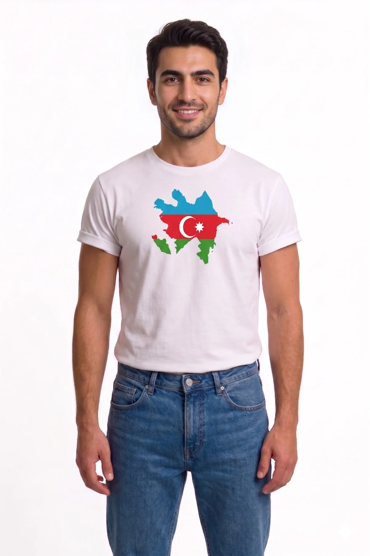 Azerbaycan Bayrak Baskılı Unisex Tişört Pamuklu Bisiklet Yaka