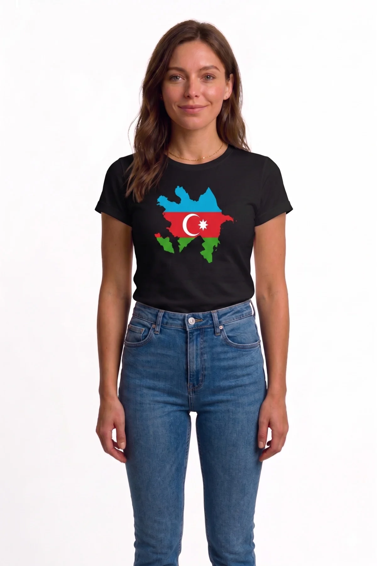 Azerbaycan Bayrak Baskılı Unisex Tişört Pamuklu Bisiklet Yaka