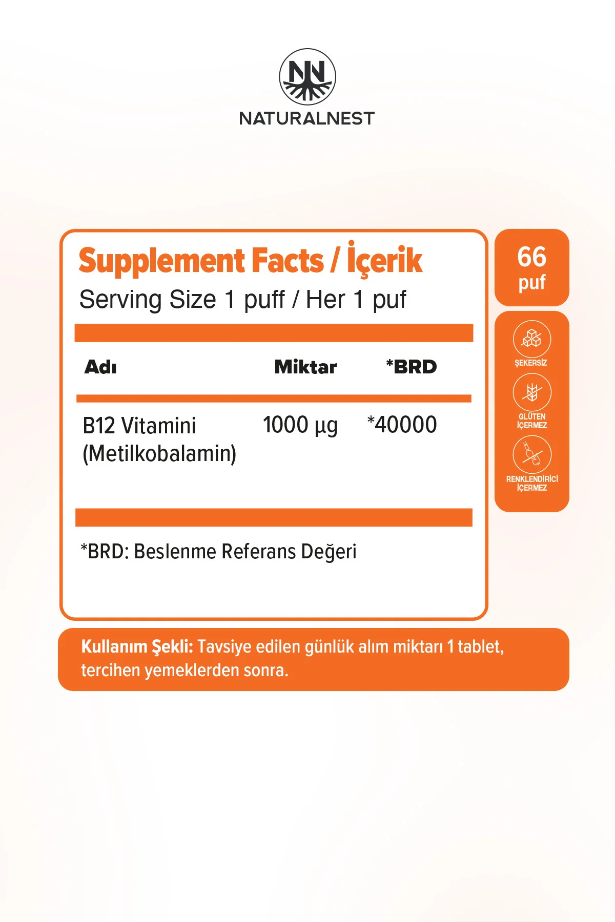 B12 Dilaltı Sprey 1000 mcg 10 ml 66 Puf