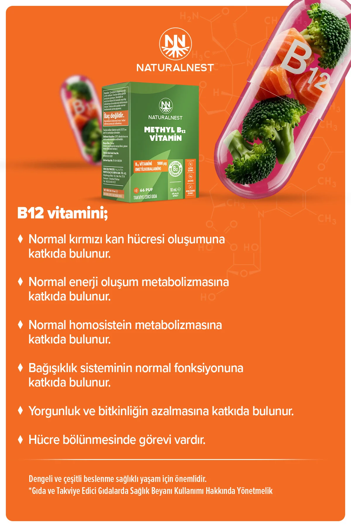 B12 Dilaltı Sprey 1000 mcg 10 ml 66 Puf