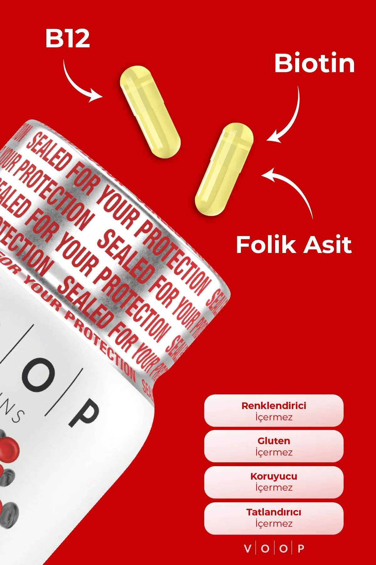 B12 Vitamini - Biotin&Folik Asit Cilt, Saç, Tırnak ve Beyin Sağlığı Destekleyici 30 Bitkisel Kapsül.