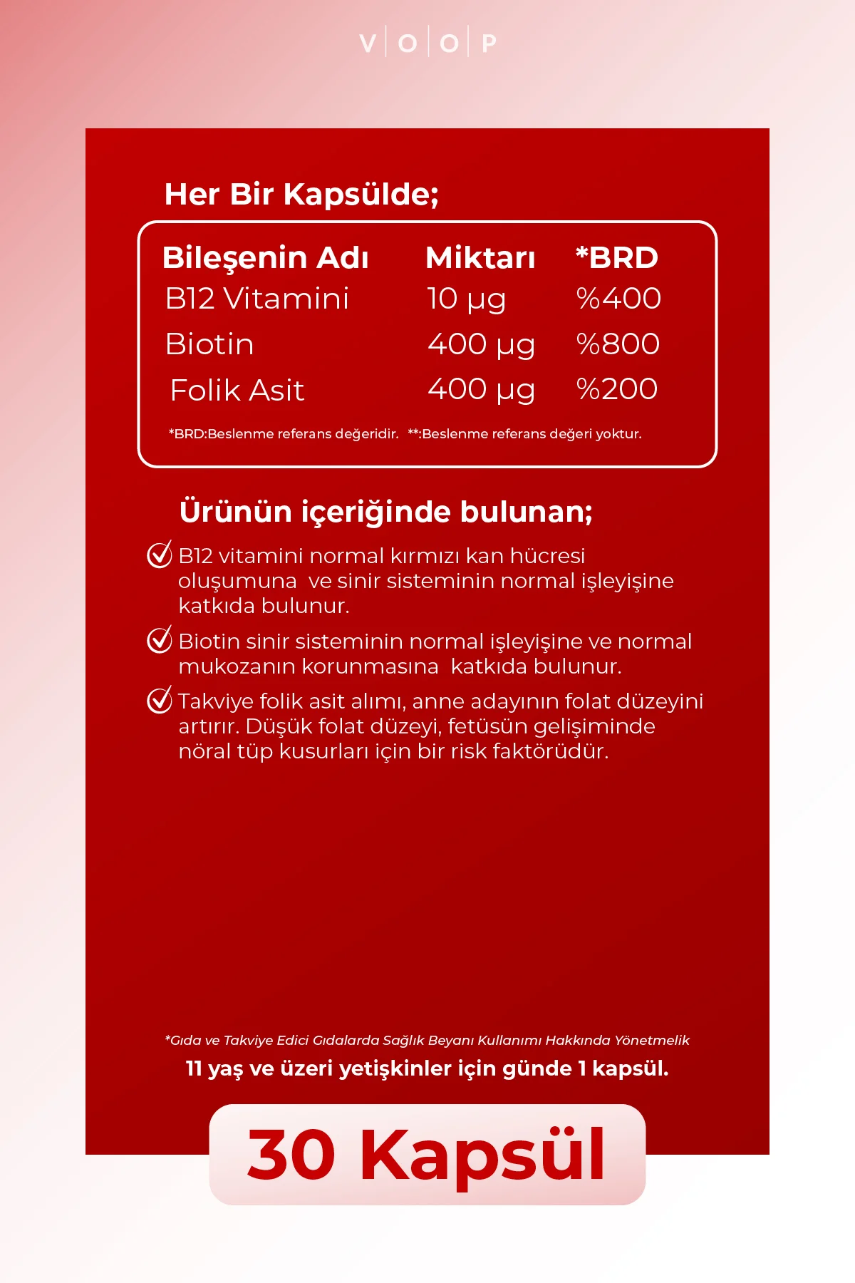 B12 Vitamini - Biotin&Folik Asit Cilt, Saç, Tırnak ve Beyin Sağlığı Destekleyici 30 Bitkisel Kapsül.