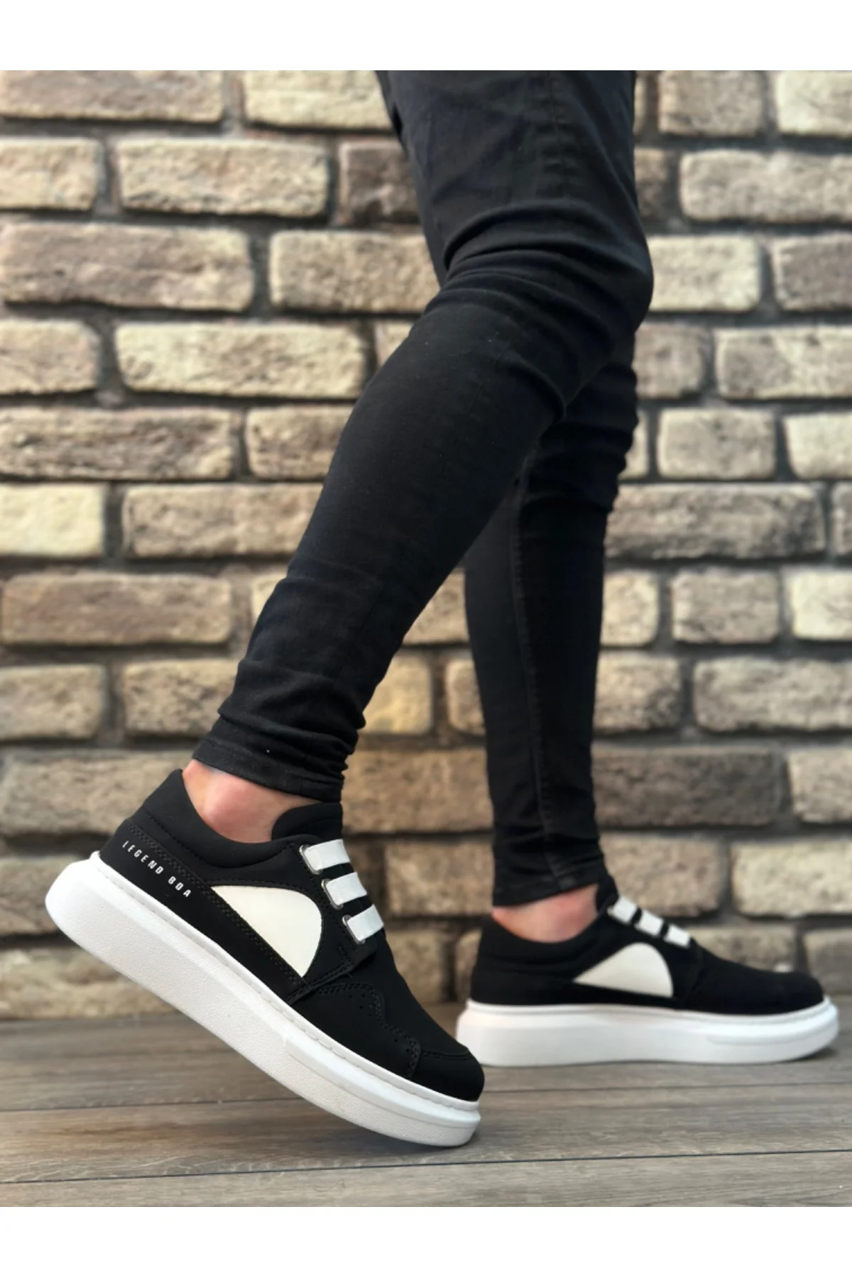 BA0302 Boa Kalın Taban Bağcıksız Tarz Casual Siyah Beyaz Erkek Ayakkabı