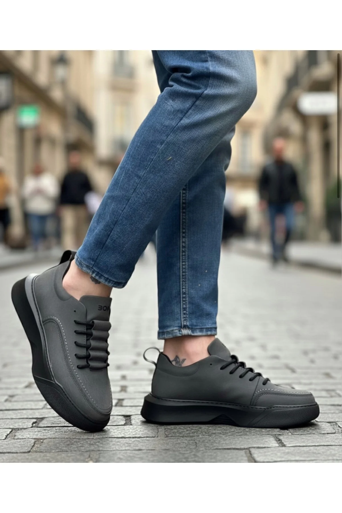 BA0332 Merdiven Desen Bağcıklı Erkek Yüksek Taban Füme Cilt Spor Ayakkabı