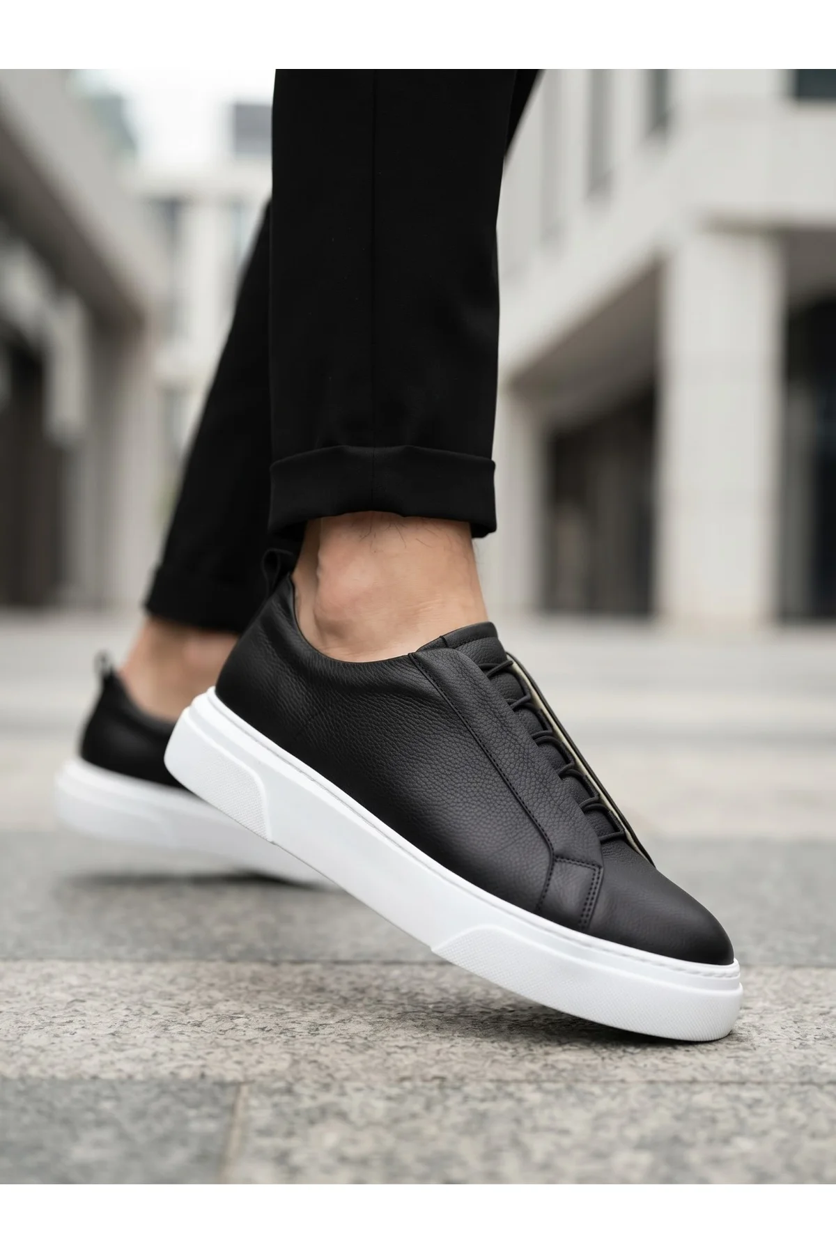 BA0581 Erkek Sneaker Günlük Casual Spor Ayakkabı Siyah Beyaz Taban - Görsel 4