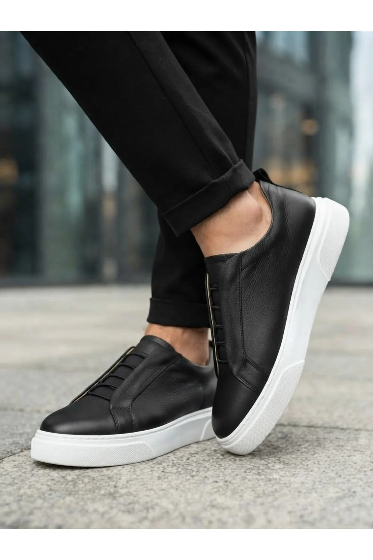BA0581 Erkek Sneaker Günlük Casual Spor Ayakkabı Siyah Beyaz Taban - Görsel 5