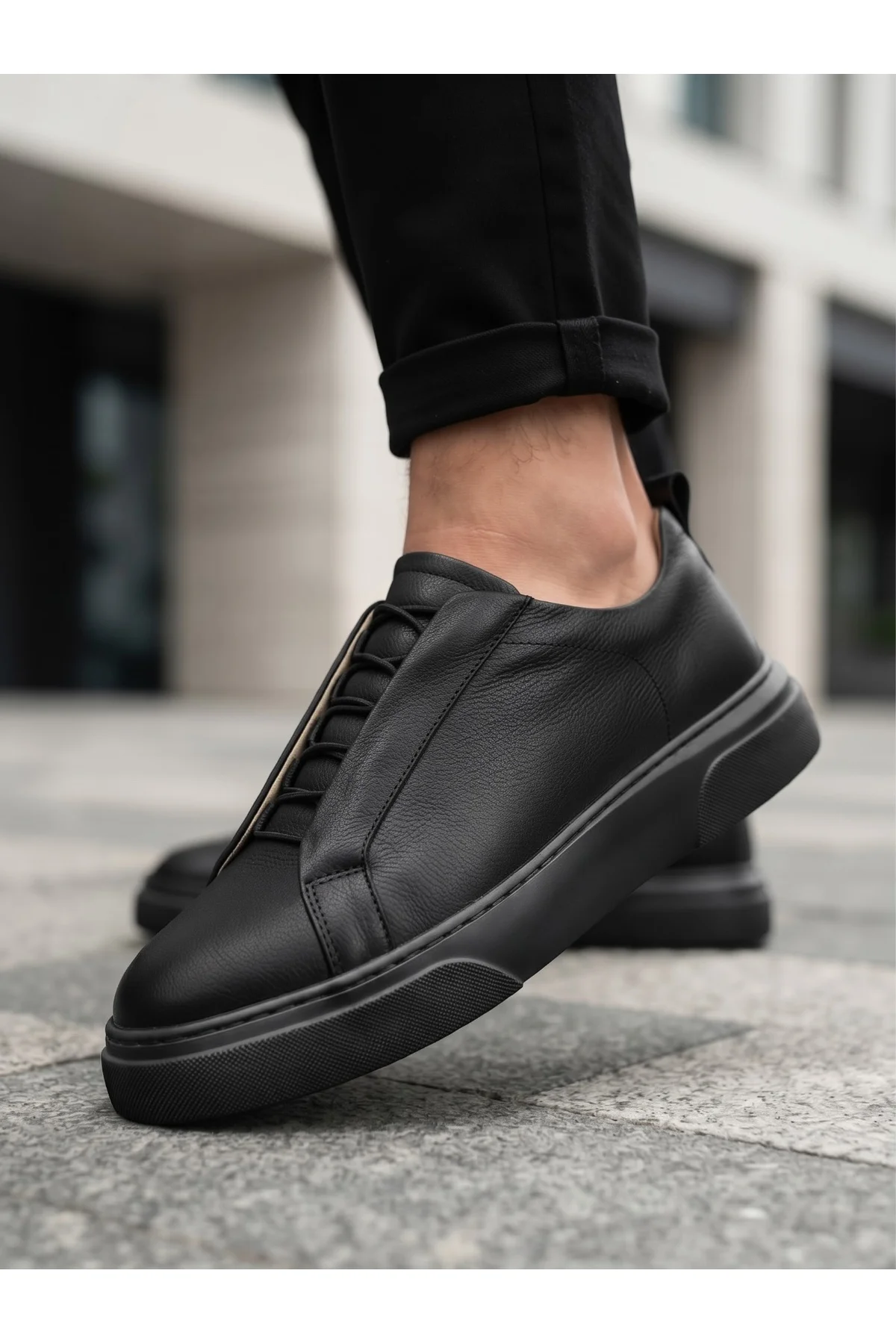 BA0581 Erkek Sneaker Günlük Casual Spor Ayakkabı Siyah Siyah Taban - Görsel 3