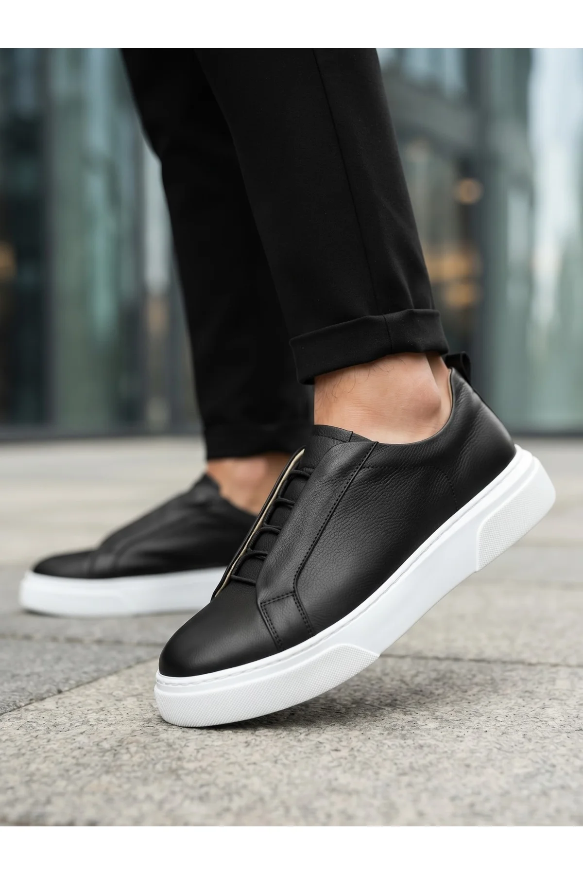 BA0581 Erkek Sneaker Günlük Casual Spor Ayakkabı Siyah Beyaz Taban - Görsel 6