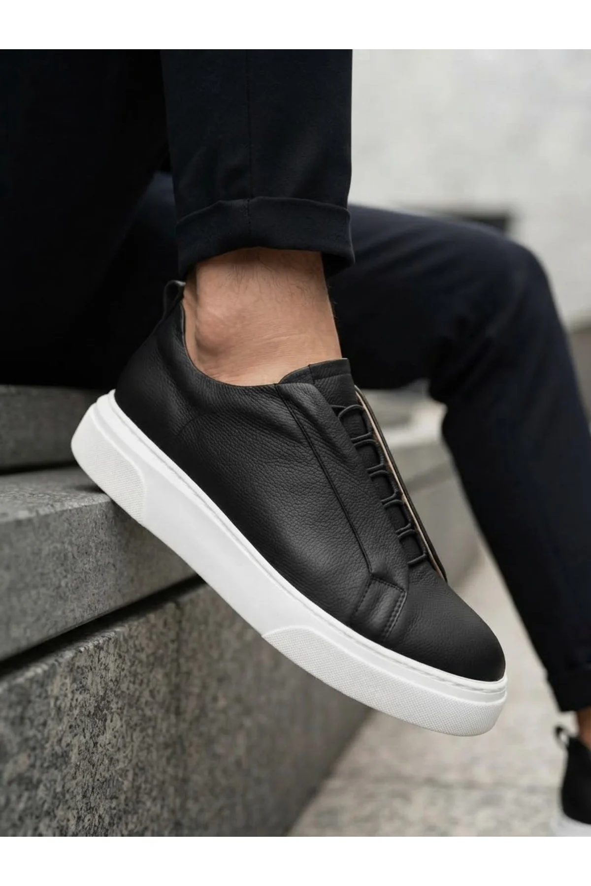 BA0581 Erkek Sneaker Günlük Casual Spor Ayakkabı Siyah Beyaz Taban - Görsel 2