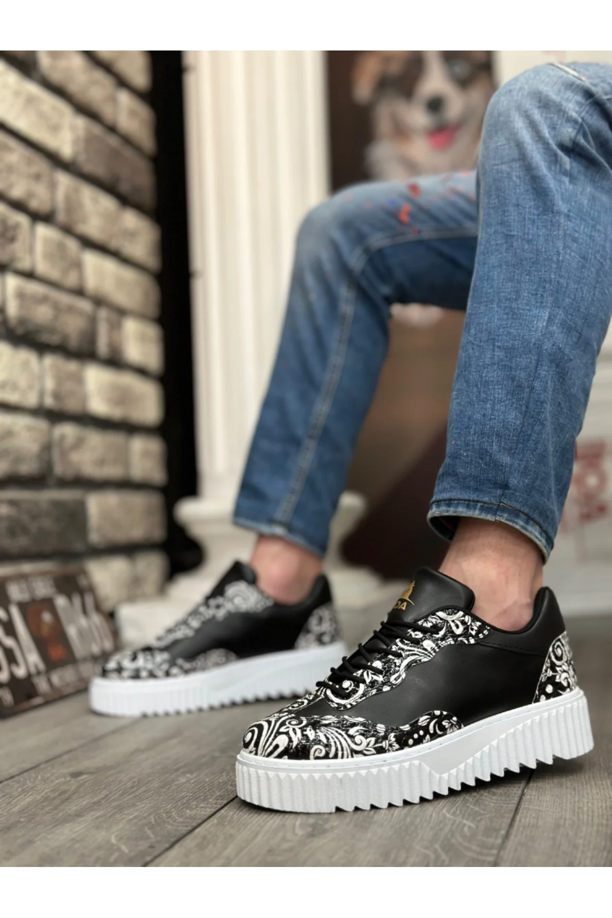 BA0802 BOA Gotik Desenli Siyah Beyaz Yüksek Taban Erkek Günlük Ayakkabı BA0802 BOA Gotik Desenli Siyah Beyaz Yüksek Taban Erkek Günlük Ayakkabı