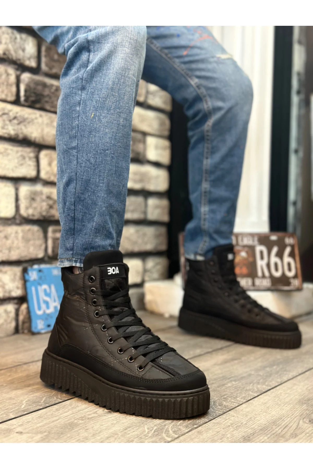 BA0811 BOA Yüksek Siyah Taban Siyah Paraşüt Kumaş Cilt Detaylı Yarım Bilek Spor Bot