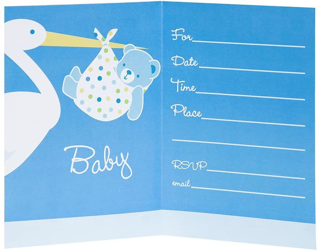 Baby Boy Stork Temalı Mavi Renk Baby Shower Davetiye 8 Adet TdrTR