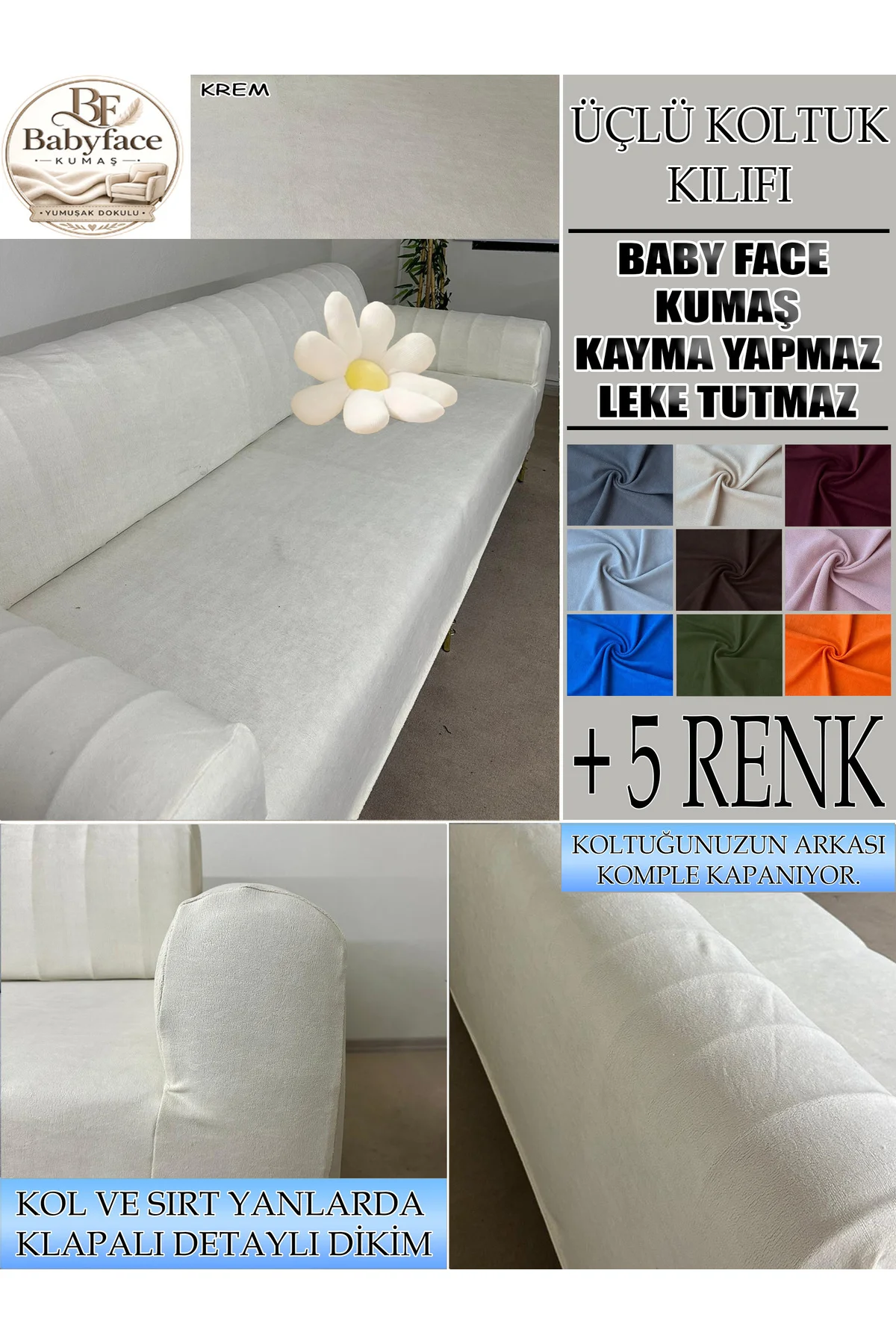 Baby Face Kumaş 3 lü Koltuk Kılıfı, Tam kaplama Yumuşak Dokulu Konforlu Full Likralı