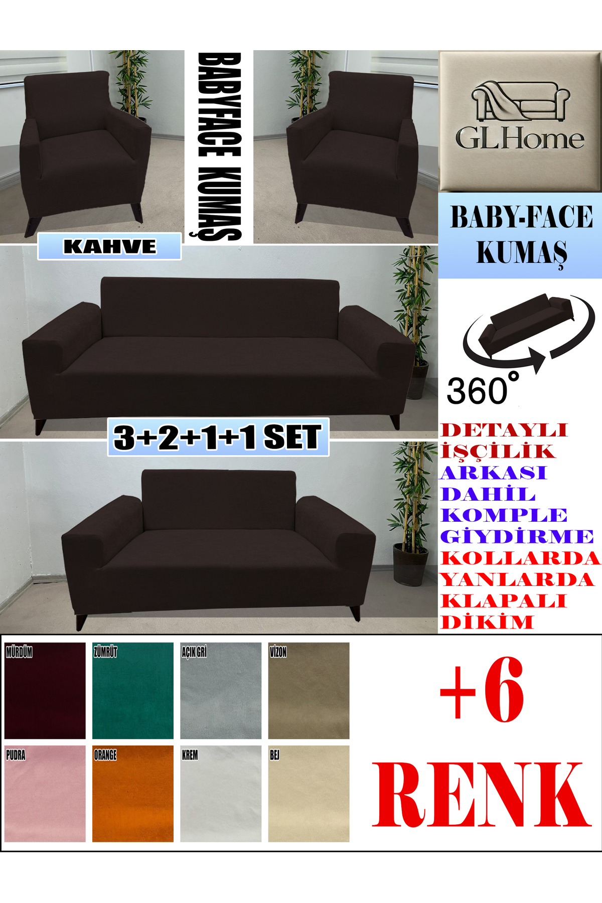 Home Baby Face Kumaş 3+2+1+1 Komple Giydirme Kanepe&Çekyat, Bohem, Por