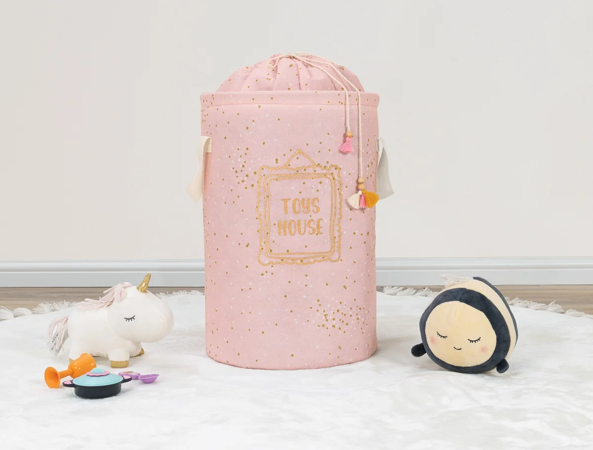 Baby Kullanımı Kolay Desenli Taşınabilir Torbalı Yuvarlak Sepet Pembe Çamaşır Sepeti 04270