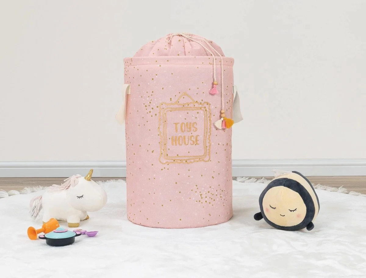 Baby Kullanımı Kolay Desenli Taşınabilir Torbalı Yuvarlak Sepet Pembe Çamaşır Sepeti 04270 Lisinya