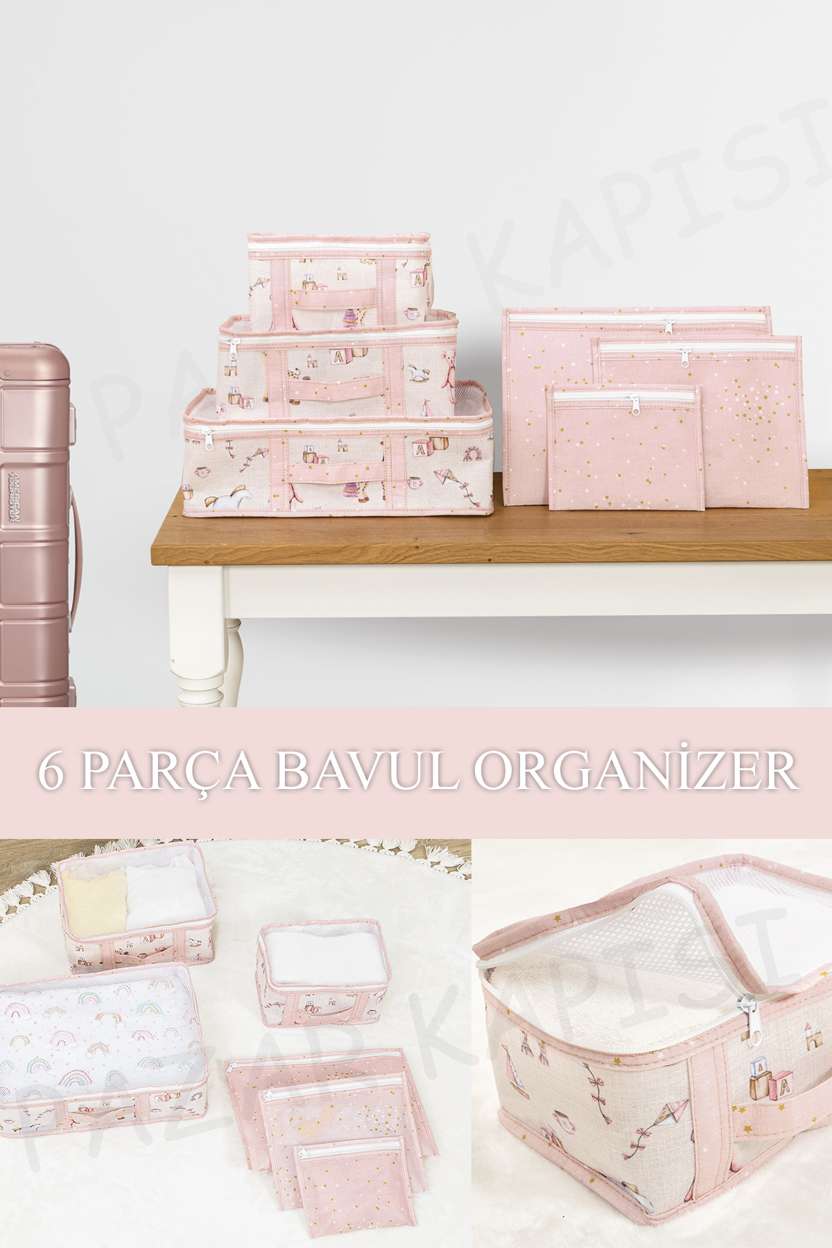 Pazar Kapısı Baby Lüks 6'Lı Bavul Organizer Seyahat, Hastane Çantası Pembe