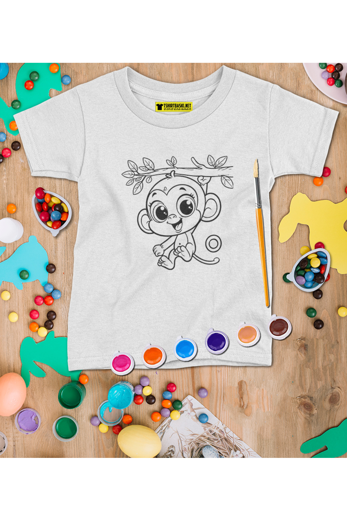 Baby Maymun Tişört Boyama Seti – Çocuk Full Set Fırçalı, Kreatif 