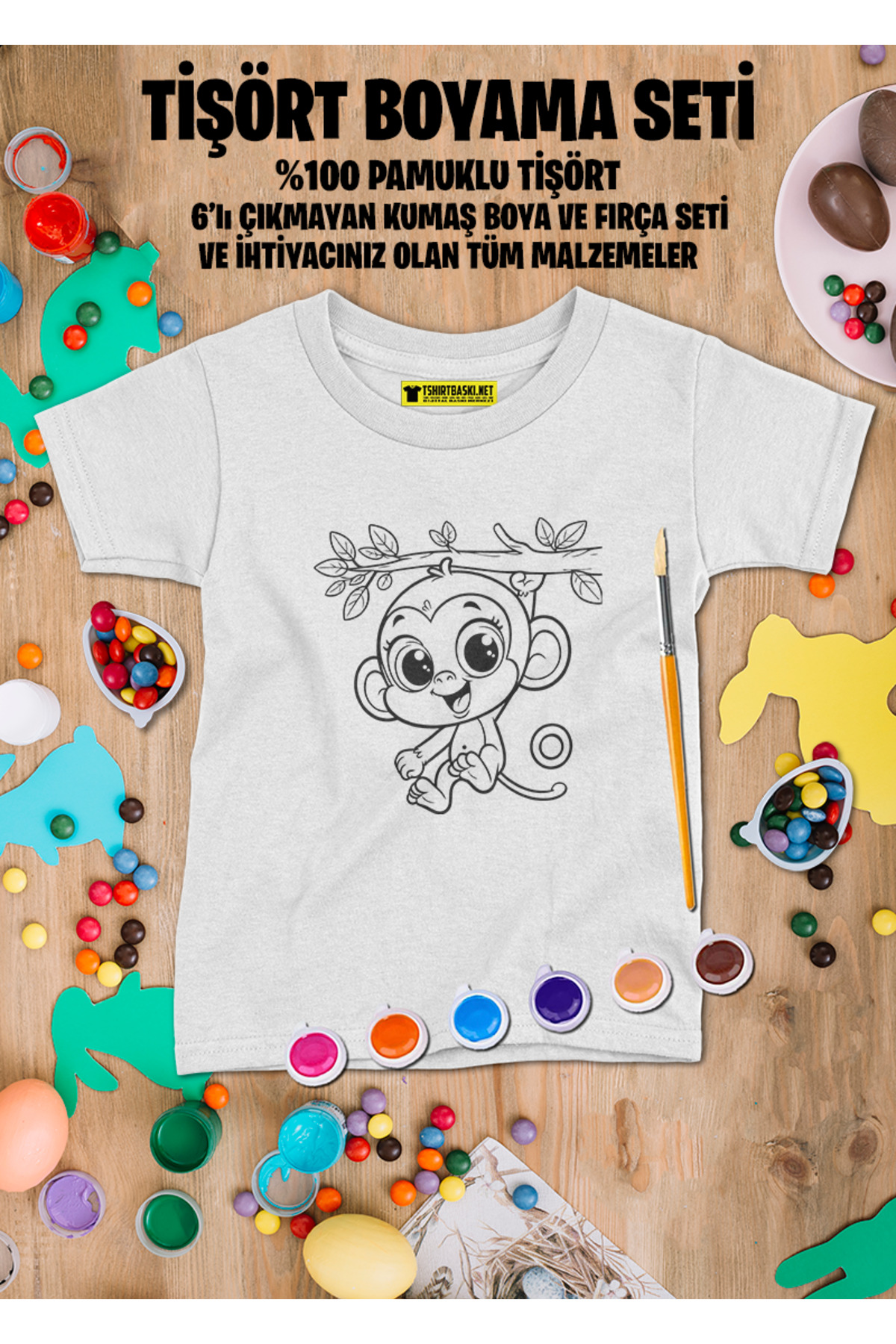 Baby Maymun Tişört Boyama Seti – Çocuk Full Set Fırçalı, Kreatif 